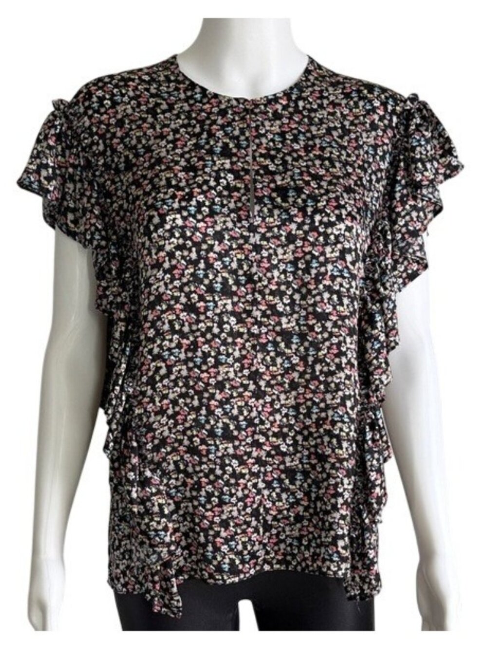 Jason Wu Silk Floral Ruffle Blouse Black Multi Print Designer Top Size 2 Small